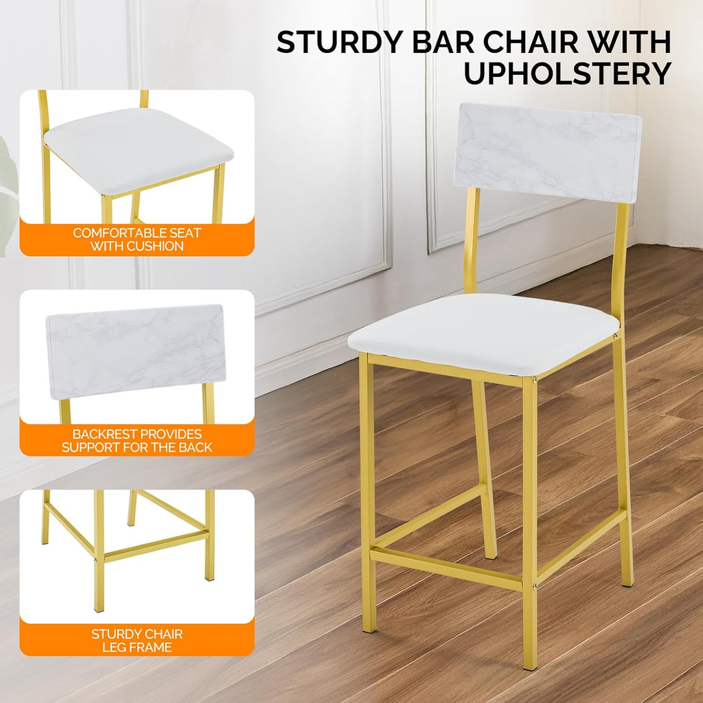 VINGLI Dining Table Set for 2, Kitchen Breakfast Counter Height Small 3 Piece Bar Table and Chairs Set with Storage, White Imitation Marble, Golden Frame