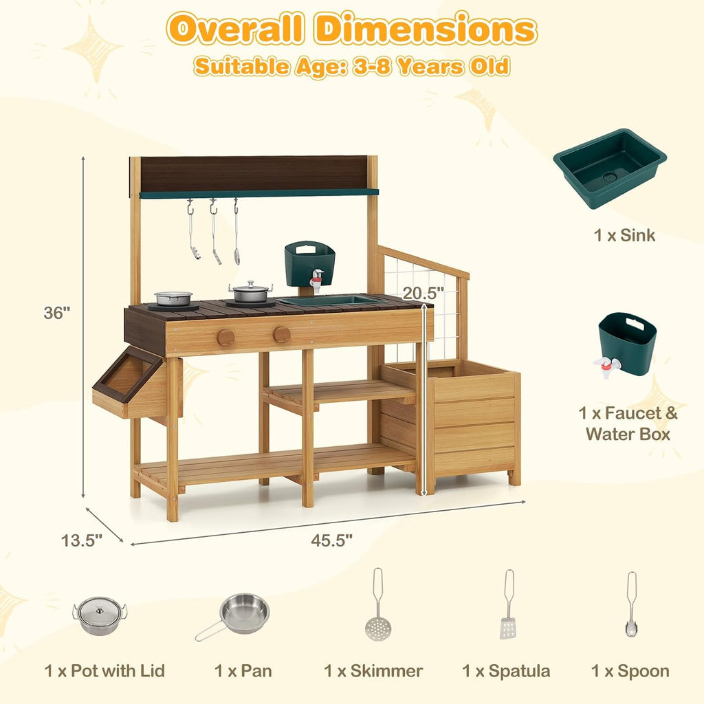 HONEY JOY Mud Kitchen, Cedar Wood Pretend Play Kitchen for Toddlers, Plant Growing Box & Trellis, Real Faucet w/Running Water, Sink, Accessories, Outdoor Kids Kitchen Playset for Garden Fun(Natural)