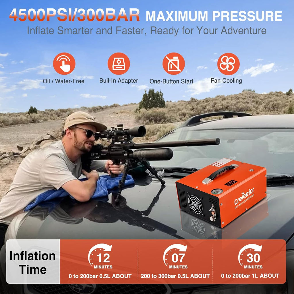 PCP Air Compressor 4500Psi/30Mpa, 350W Oil-Free Fast Fill Pump with Auto Shut-Off, Dual Power 12V DC & 110V/220V AC, Portable Air Pump Paintball, Air Rifle, Airguns HPA Tanks(Compact)