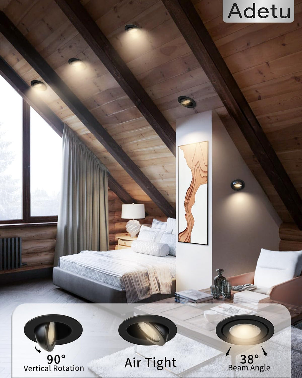 Adetu 3 Inch Gimbal Balck Led Recessed Lighting, 360°+90° Adjustable Directional Led Recessed Lights, 2700K/3000K/3500K/4000K/5000K Dimmable Retrofit Eyeball Can Lights with Jbox,ETL (Black, 12 Pack)