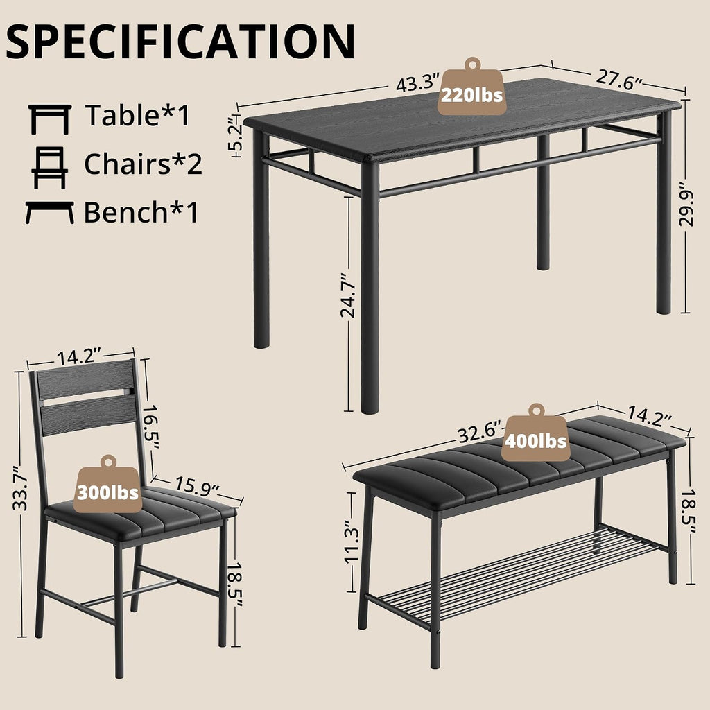 IRONCK Dining Table Set for 4, Kitchen Table with Upholstered Bench and 2 Chairs, Kitchen Table and Chairs Set for Small Space, Apartment, Black
