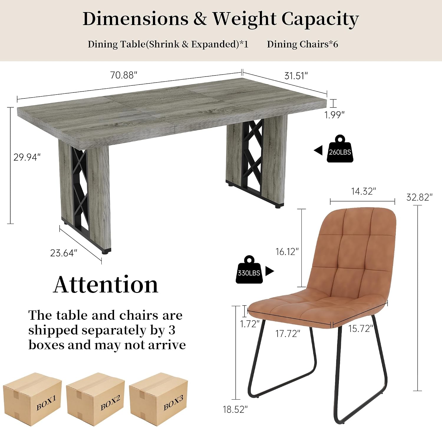 HIPIHOM 7-Piece Dining Table Set for 6 People, 70.8' MDF Kitchen Table with 6 Upholstered Chairs, Space-Saving for Dining Room, Breakfast Nook(Grey Table+6 Brown Chairs)