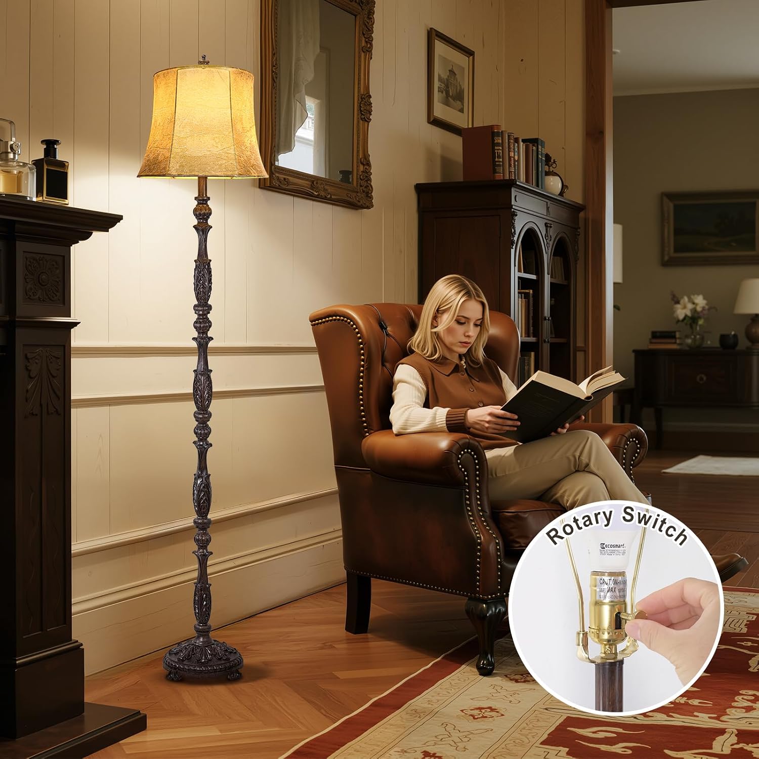 Scenekoy Vintage 66' Tall Floor Lamp for Living Room Bedroom, Retro Resin Carved Standing Lamp with Faux Leather Shade, 3-Way Adjustable Bulb, Rotary Switch Rustic Corner Light for Home Decor