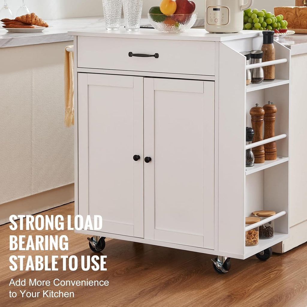 VEVOR Kitchen Island Cart, 32' Mobile Carts with Storage Cabinet, Rolling Table with Power Outlet, Spice Rack, Towel Bar, Adjustable Shelf, Drawer, Dining Living Room Portable Islands on Wheels, White