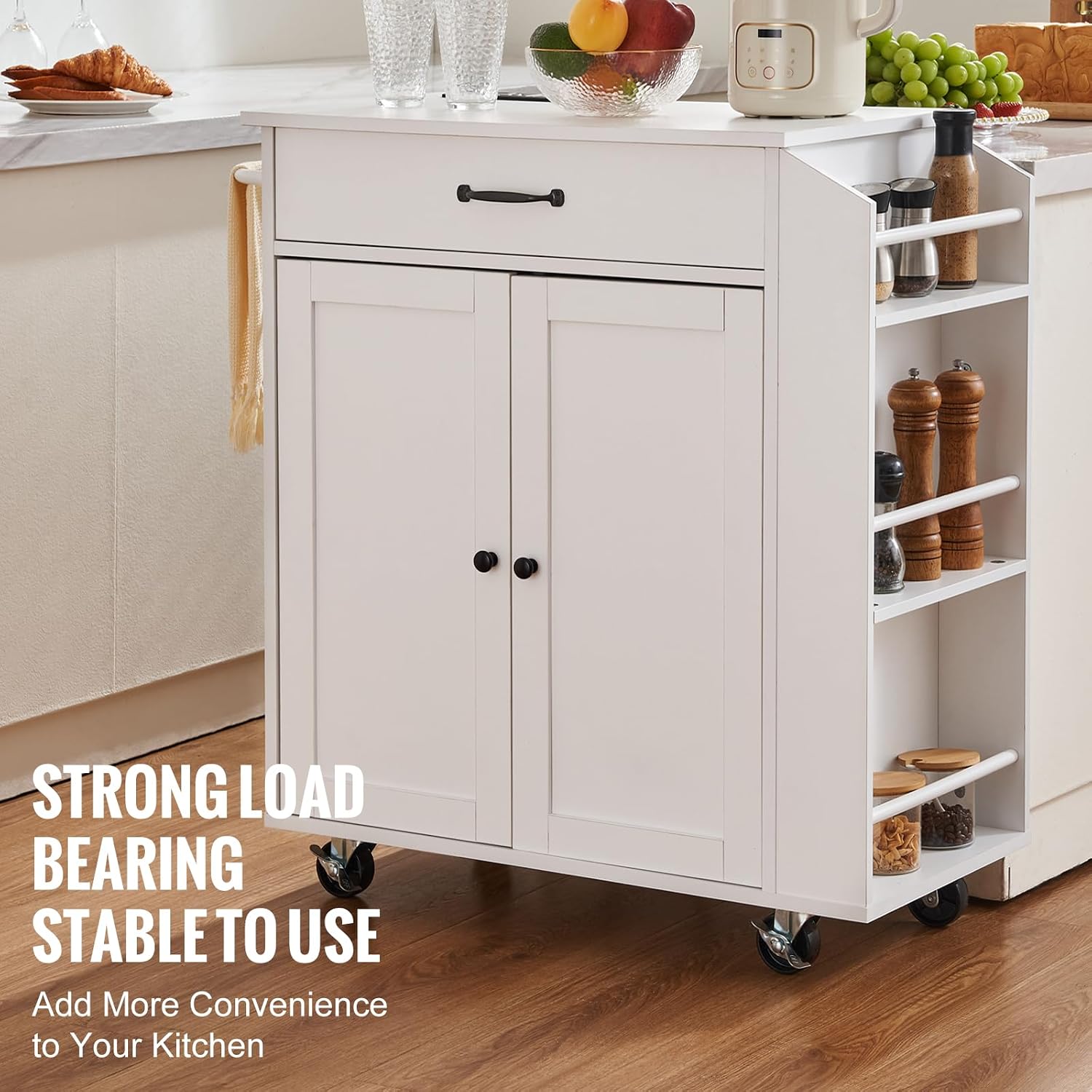 VEVOR Kitchen Island Cart, 32' Mobile Carts with Storage Cabinet, Rolling Table with Power Outlet, Spice Rack, Towel Bar, Adjustable Shelf, Drawer, Dining Living Room Portable Islands on Wheels, White