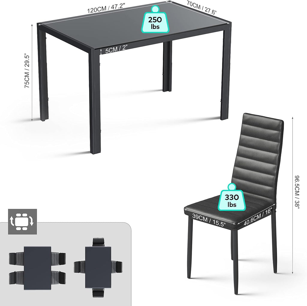 Gizoon 5 Piece Glass Dining Table Set, Kitchen and Chairs for 4, PU Leather Modern Room Sets for Home, Kitchen, Living Room