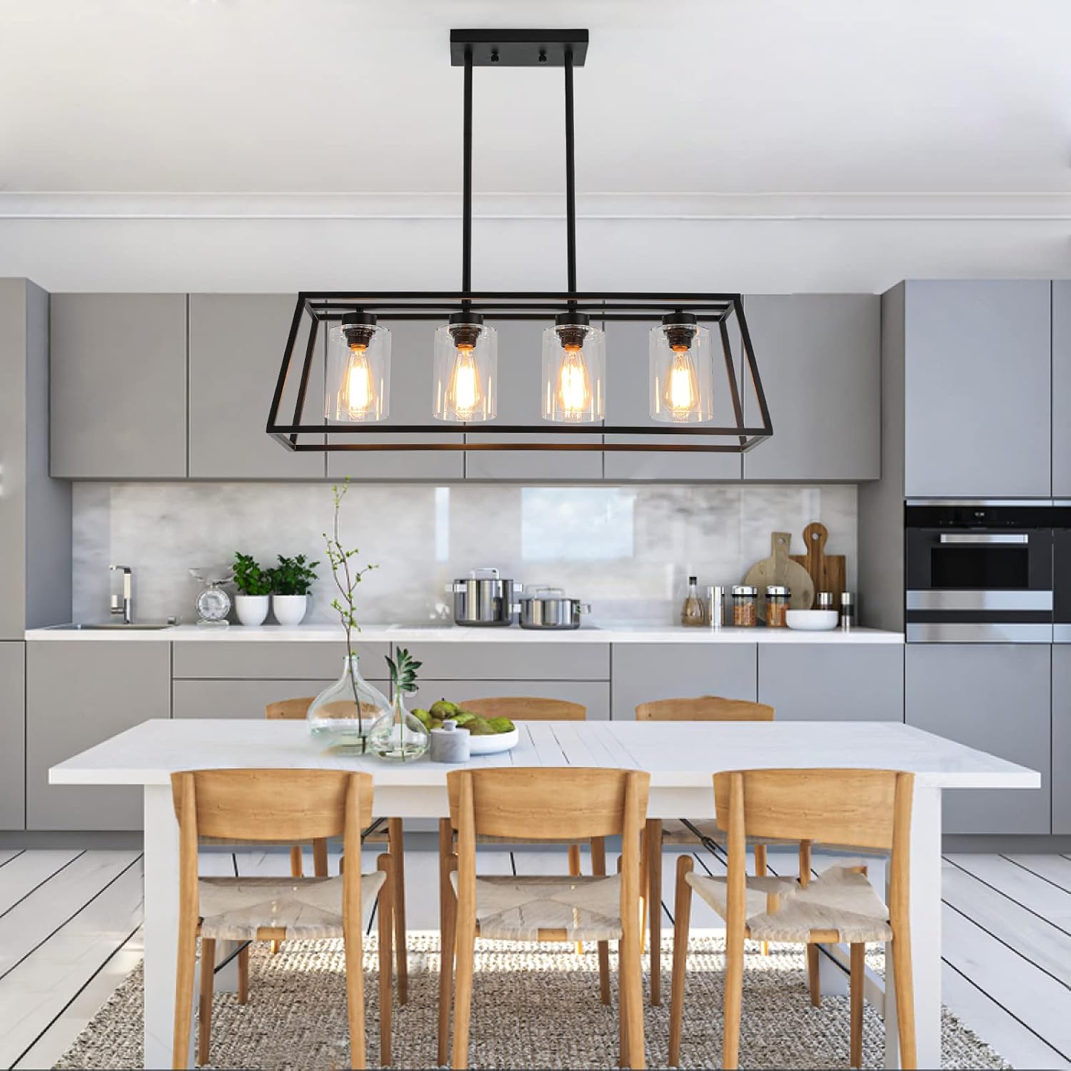 Black Farmhouse Chandeliers for Dining Room, Rustic Kitchen Island Light Fixture, 4-Lighting Linear Pendant Lamp Kitchen Island with Glass Shade ，Apply to Dining Room Light fixtures Over Table
