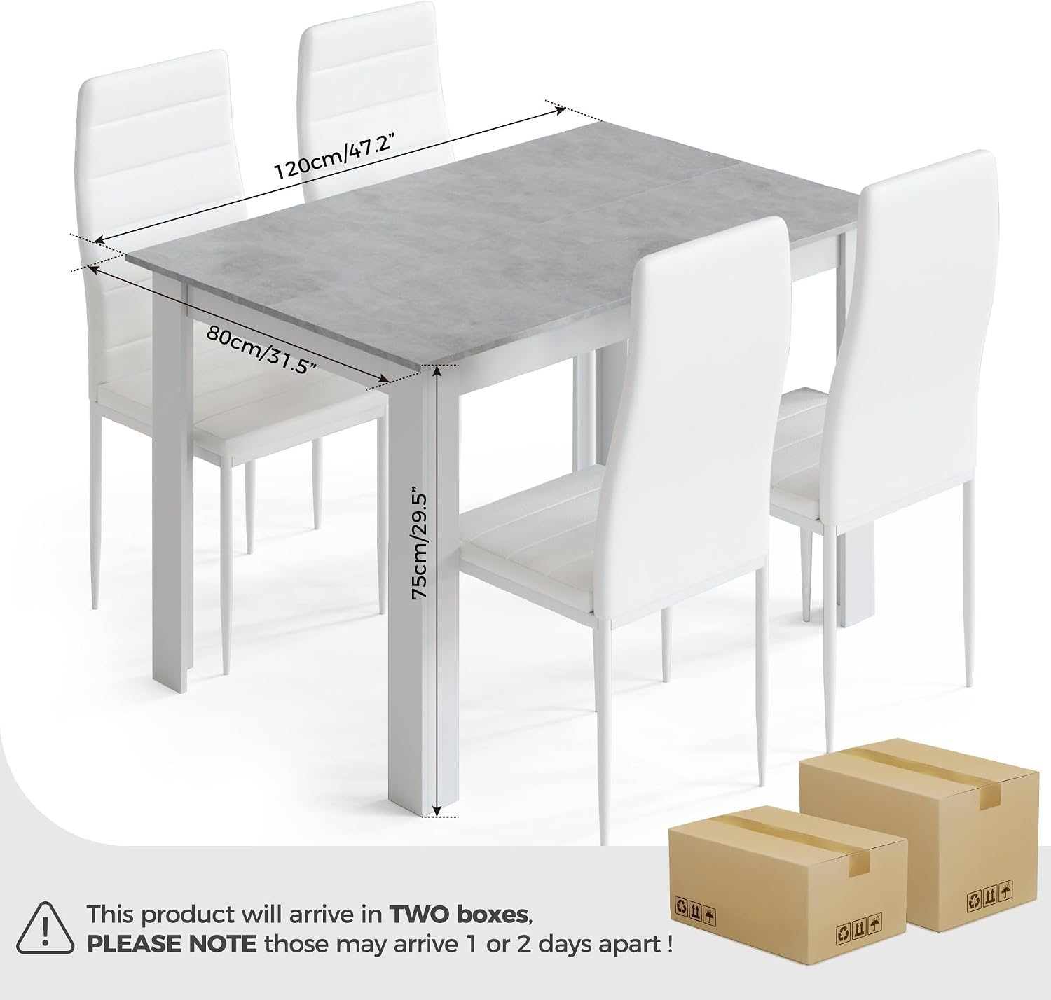 Mondeer Dining Table Set for 4, Kitchen Table Chairs with High Back Faux Leather, Space-Saving Dining Room and Home Office Set, 47.2 x 35.4 x 29.5'' (Grey Table and White Chairs)