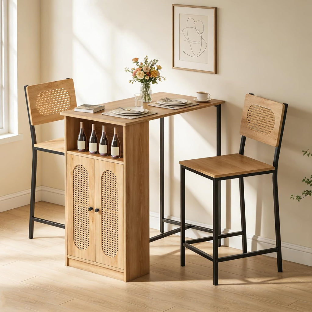 Giantex 3-Pcs Boho Rattan Dining Table Set for 2, Counter Height Bar Table with Storage Cabinet, Adjustable Shelf, 2 Bar Stools for Small Spaces, Dinette, Breakfast, Kitchen, Living Room, Apartment