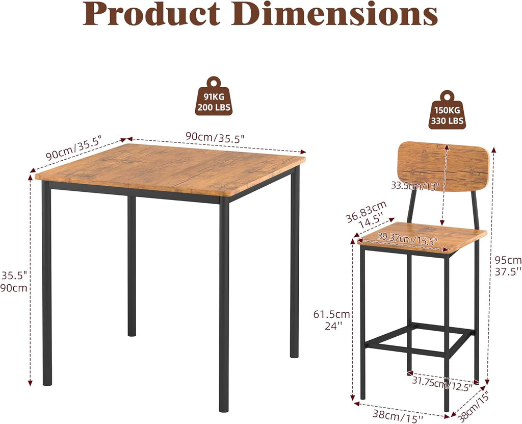 Kitchen Table and Chairs of 4, 5 Piece Dining Table Set, Sturdy Industrial Space Saving Dinette Set for Pub, Family Dinners, Apartment, Brown