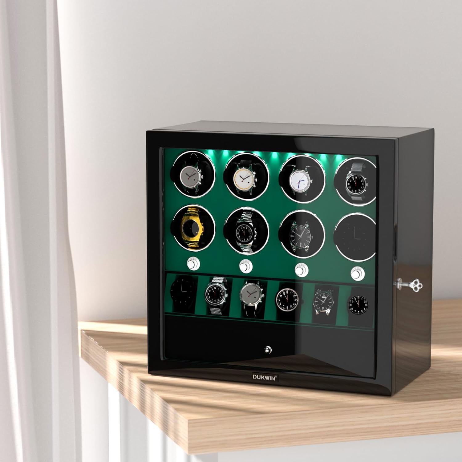 DUKWIN Watch Winder for 4/6/8 Automatic Watches, Lockable Winders with Watch Holders and Jewelry Storage, Super Quiet Motor with High-Gloss Finish, Built-in Illumination