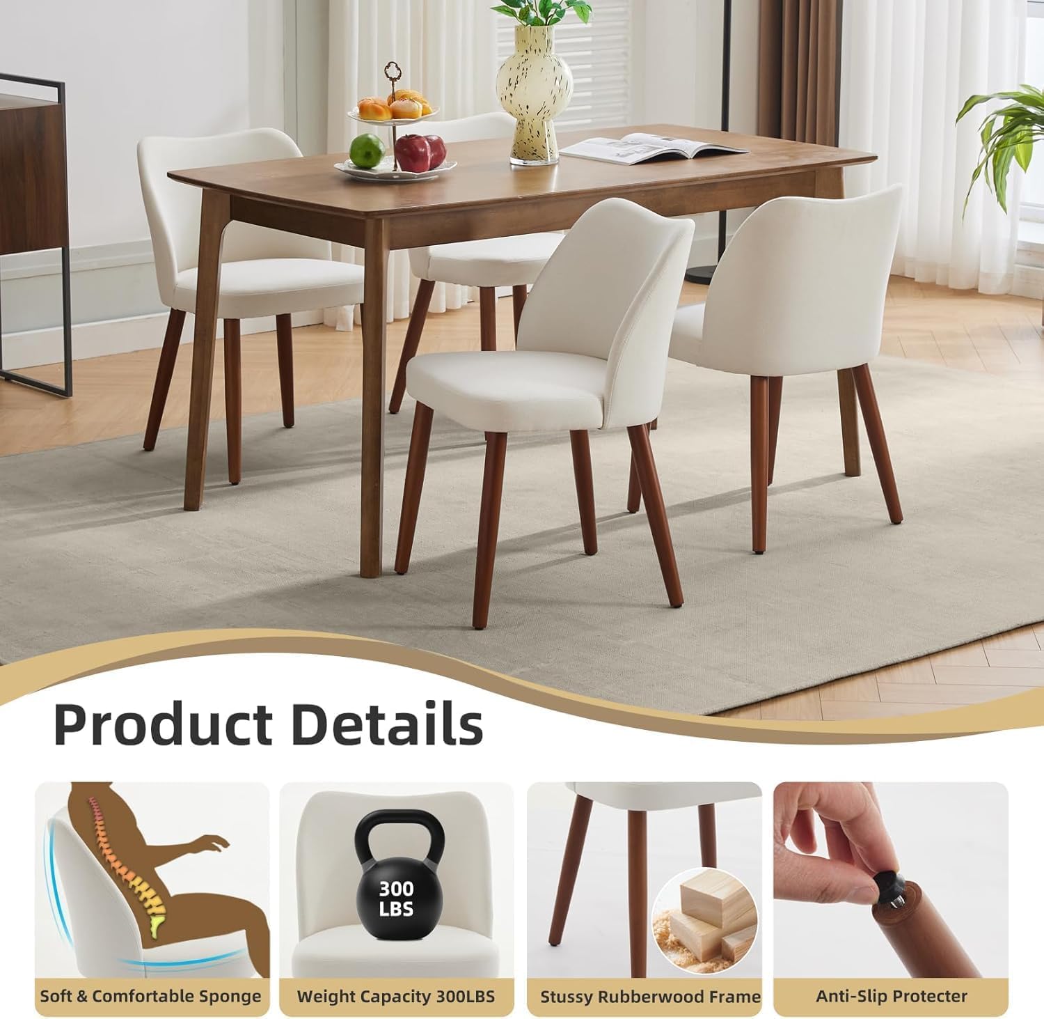 Wooden Dining Chairs Set of 4,Farmhouse Kitchen Chairs with Curved Back,Modern Fabric Upholstered Chairs for Dining Room, Cream