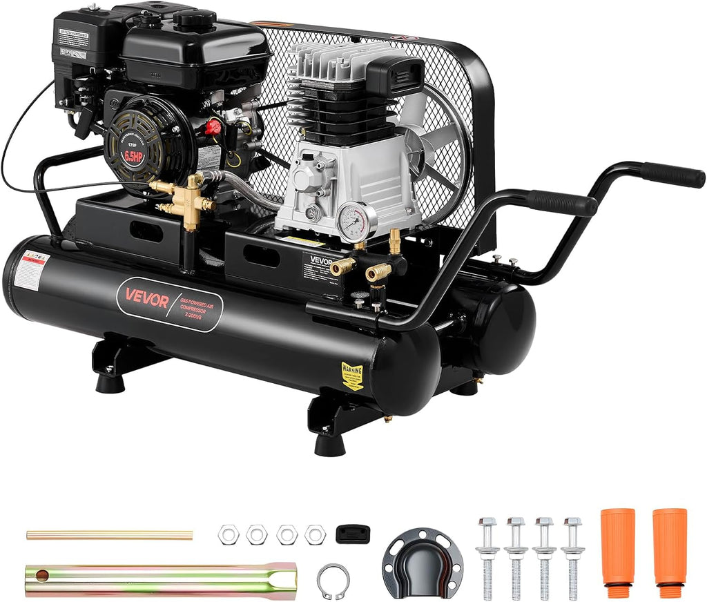 VEVOR 9 Gallon Twin-Tank Gas Powered Air Compressor, 6.5HP 9CFM Gas Driven Air Compressor Tank on Wheels, Max 115PSI Piston Pump Air-Compressed System for Tire Inflation, Auto Repairs, Spray Painting