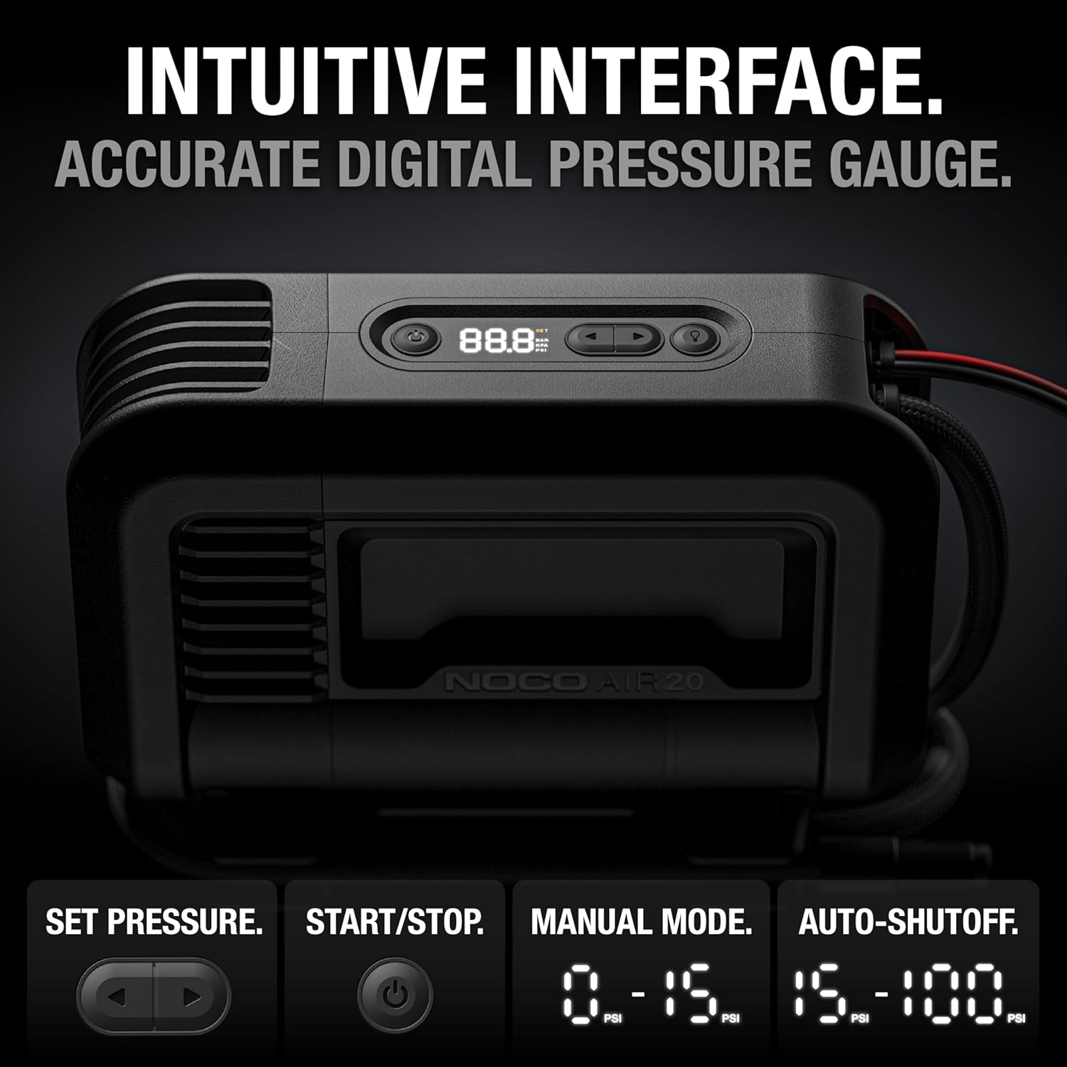 NOCO AIR20: UltraFast 20A Tire Inflator - 12V Portable Air Compressor Pump – 47 SLPM Airflow Inflates 0–40 PSI in 2.5 Minutes – Digital Gauge + Auto-Shutoff