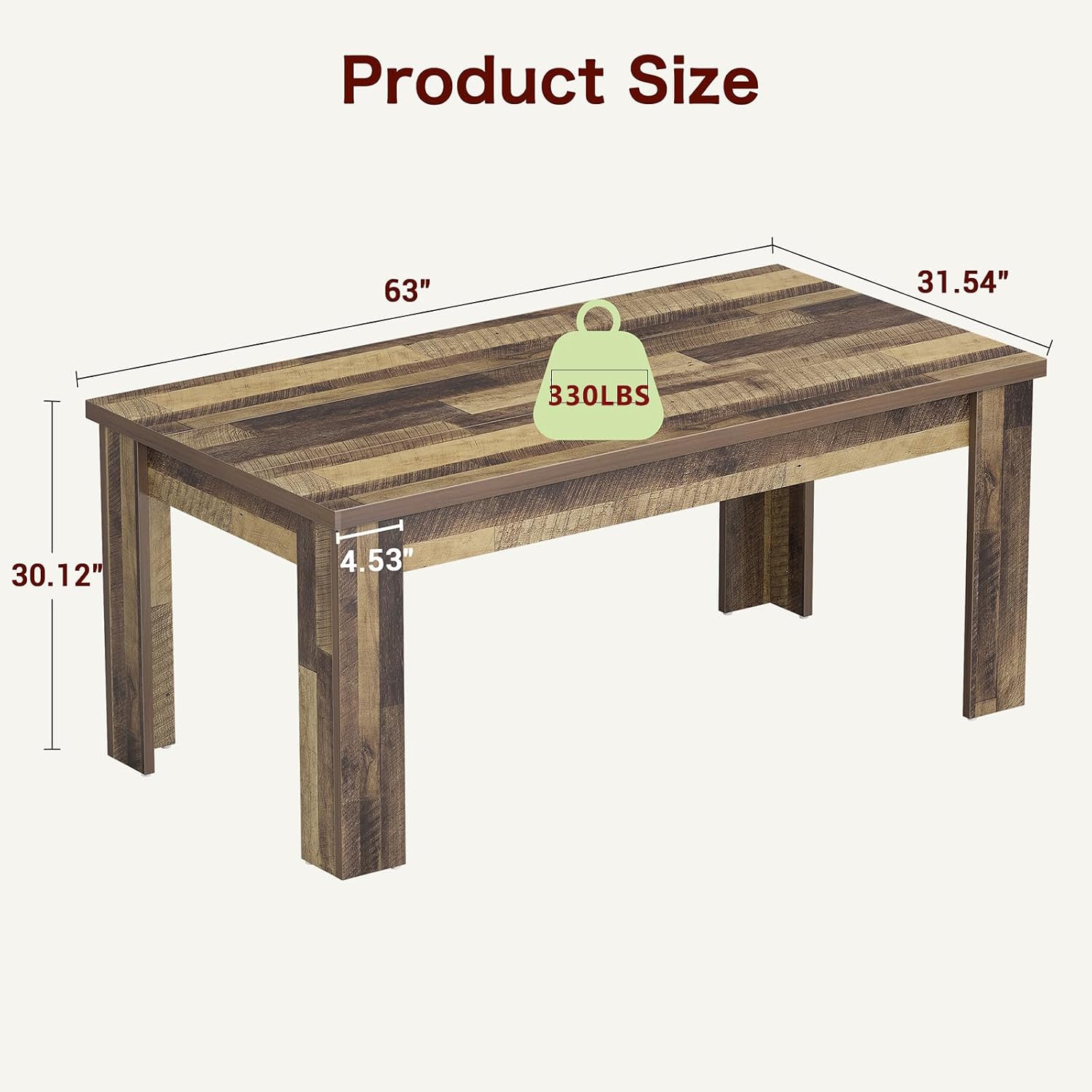 CABIHOME 63' Rectangular Dining Table for 4-6, Farmhouse Large Kitchen Table, Sturdy Frame, 4 Triangular Stable Legs, Thickened Tabletop, Ideal for Apartment, Dining Room, Small Space, Retro Brown