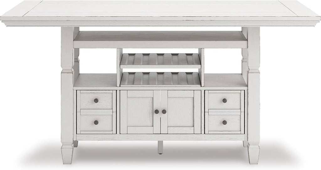 Signature Design by Ashley Robbinsdale Casual Counter Height Dining Table with 10 Bottle Wine Storage, Open Shelves, Drawers and Cabinet, Antiqued White Finish, 36' W x 72' L x 37' H