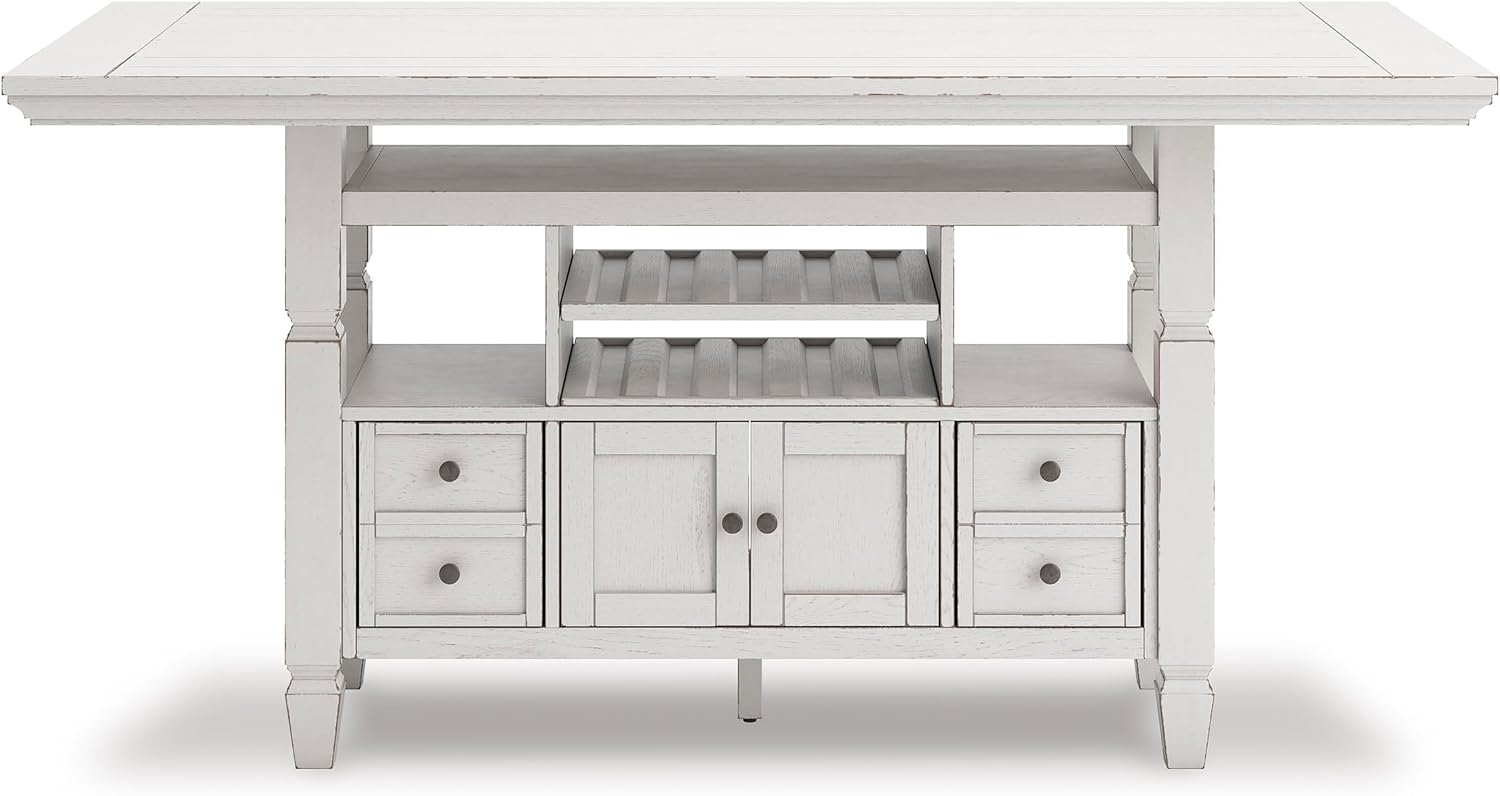 Signature Design by Ashley Robbinsdale Casual Counter Height Dining Table with 10 Bottle Wine Storage, Open Shelves, Drawers and Cabinet, Antiqued White Finish, 36' W x 72' L x 37' H