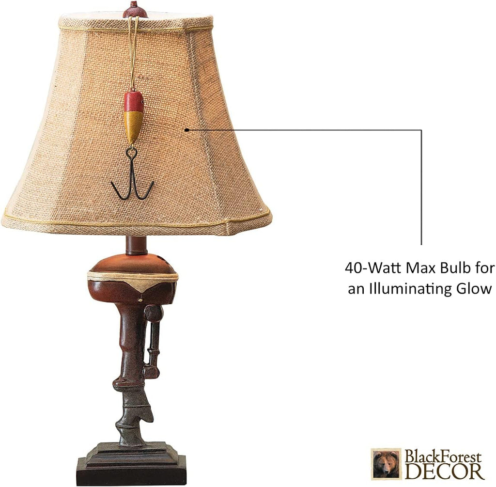 BLACK FOREST DECOR Outboard Accent Table Lamp – Rustic Boat Motor Fishing Lamp with Linen Shade – 11' W x 8.2' D x 20' H