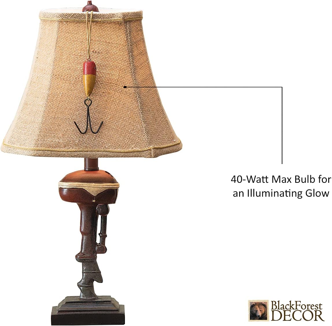 BLACK FOREST DECOR Outboard Accent Table Lamp – Rustic Boat Motor Fishing Lamp with Linen Shade – 11' W x 8.2' D x 20' H