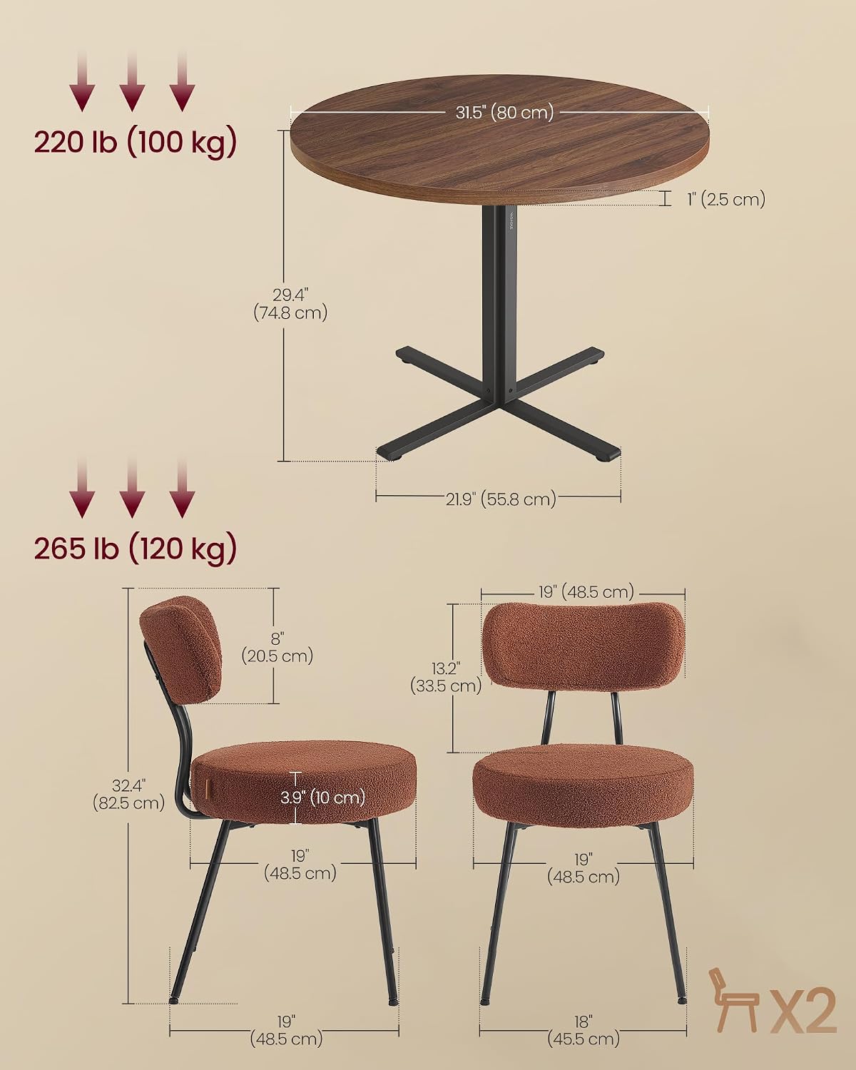 VASAGLE Dining Table Set, Round Dining Table with 2 Upholstered Kitchen Chairs, for Small Spaces, Kitchen, Living Room, Steel Frame, Modern Style, Somber Walnut and Coffee Brown UZH2507010