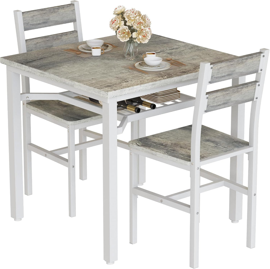 Hooseng 3 Piece Dining Table Set for 2, Small Wooden Kitchen Table with Storage, Farmhouse Square Dinette Set for Dining Room, Breakfast Nook, Apartment, Small Space