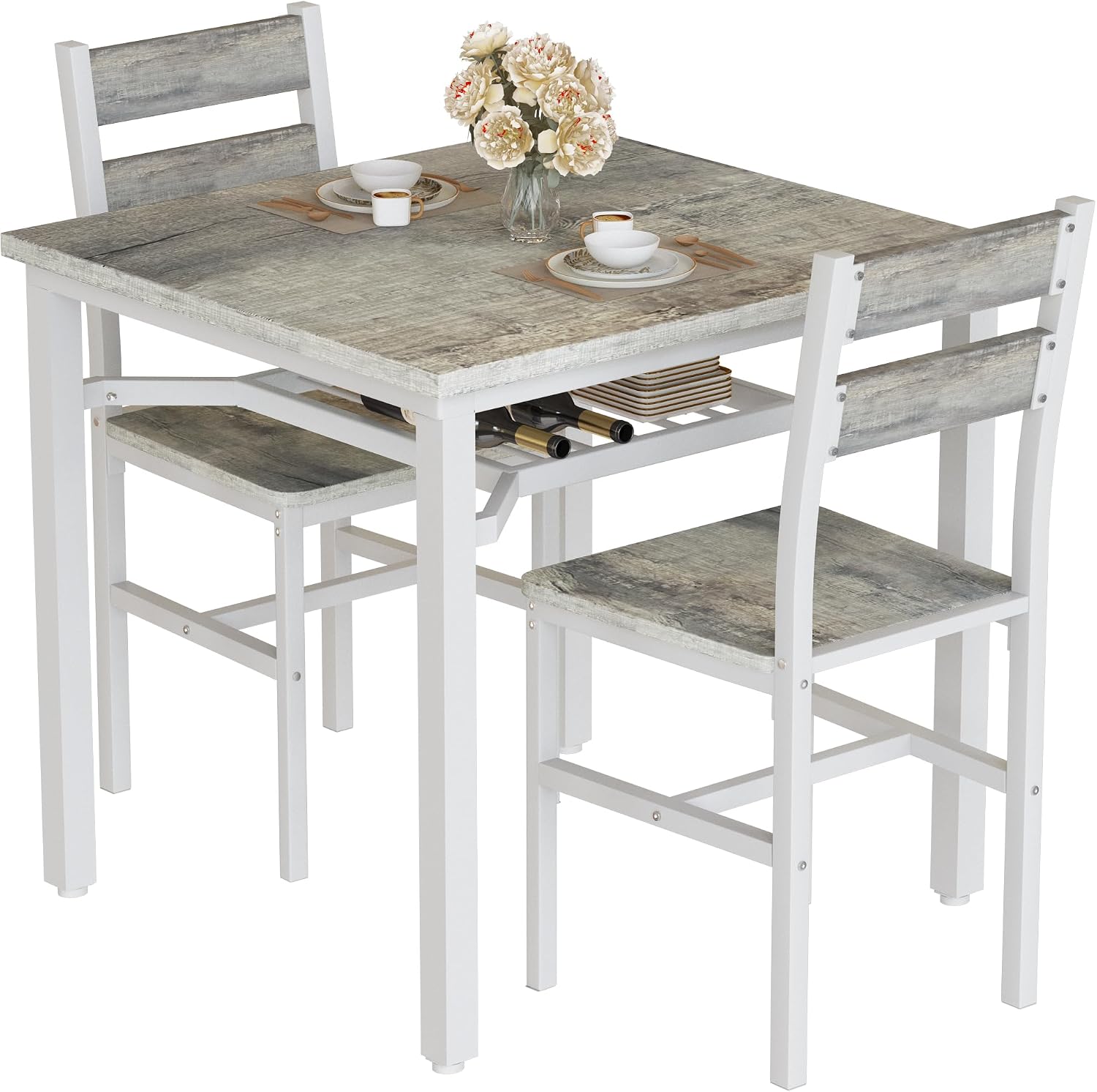 Hooseng 3 Piece Dining Table Set for 2, Small Wooden Kitchen Table with Storage, Farmhouse Square Dinette Set for Dining Room, Breakfast Nook, Apartment, Small Space