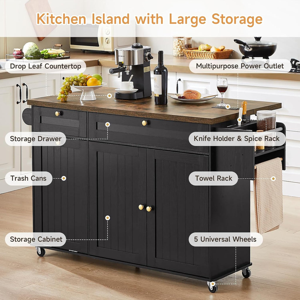 60' Kitchen Island with Power Outlet & Drop Leaf, Kitchen Rolling Island with Spice Rack & Towel Rack, Knife Holder, Kitchen Island Cart with Trash Storage Cabinet, Mobile Island Table for Kitchen