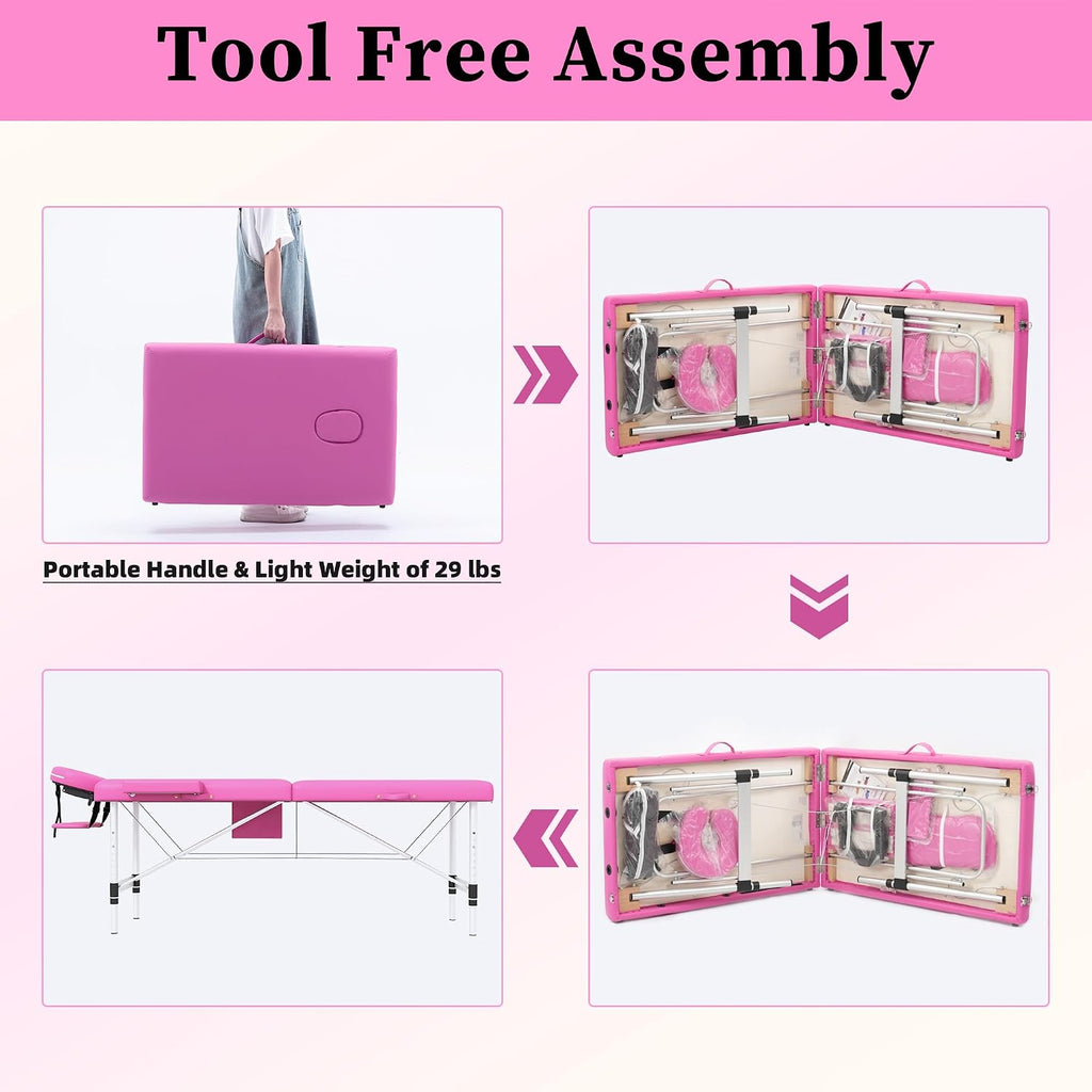 civama Massage Table Massage Bed Portable, 26 LBs Light Weight Foldable Tattoo Facial Care Spa Lash Bed Aluminum Frame with Accessories Carrying Bag, Pink