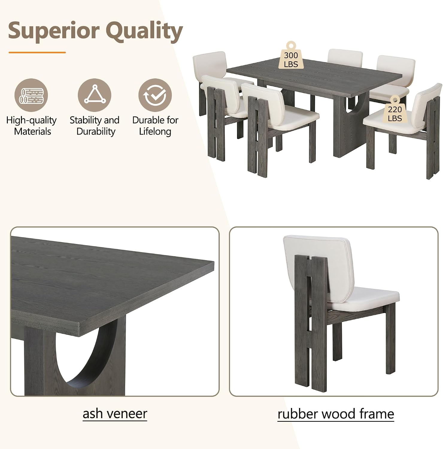 Merax Wood Dining Table Set for 6, Rectangular Tabletop/Upholstered Chairs/Retro Geometric Design, Ideal for Dining-Room and Kitchen, Grey