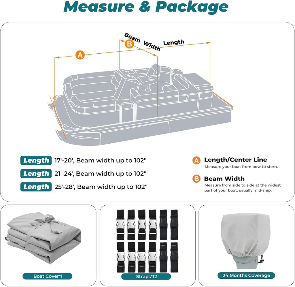 KAKIT Boat Cover, 1400D Oxford Heavy Duty Waterproof Trailerable Cover with 8 Metal Buckles and 12 Adjustable Tightening Straps, for Pontoon/Deck Boat(17'-20'Long, Beam Width up to 102', Light Gray)
