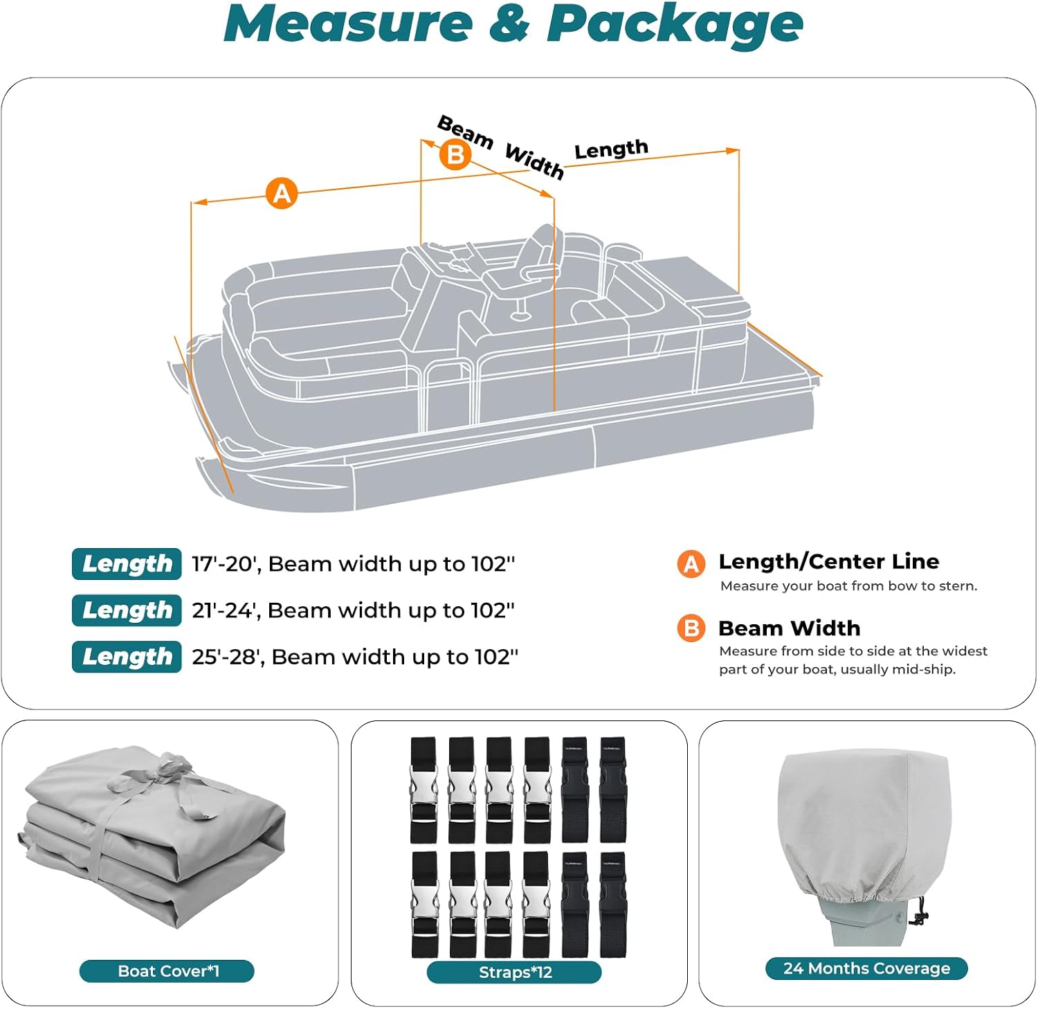 KAKIT Boat Cover, 1400D Oxford Heavy Duty Waterproof Trailerable Cover with 8 Metal Buckles and 12 Adjustable Tightening Straps, for Pontoon/Deck Boat(17'-20'Long, Beam Width up to 102', Light Gray)