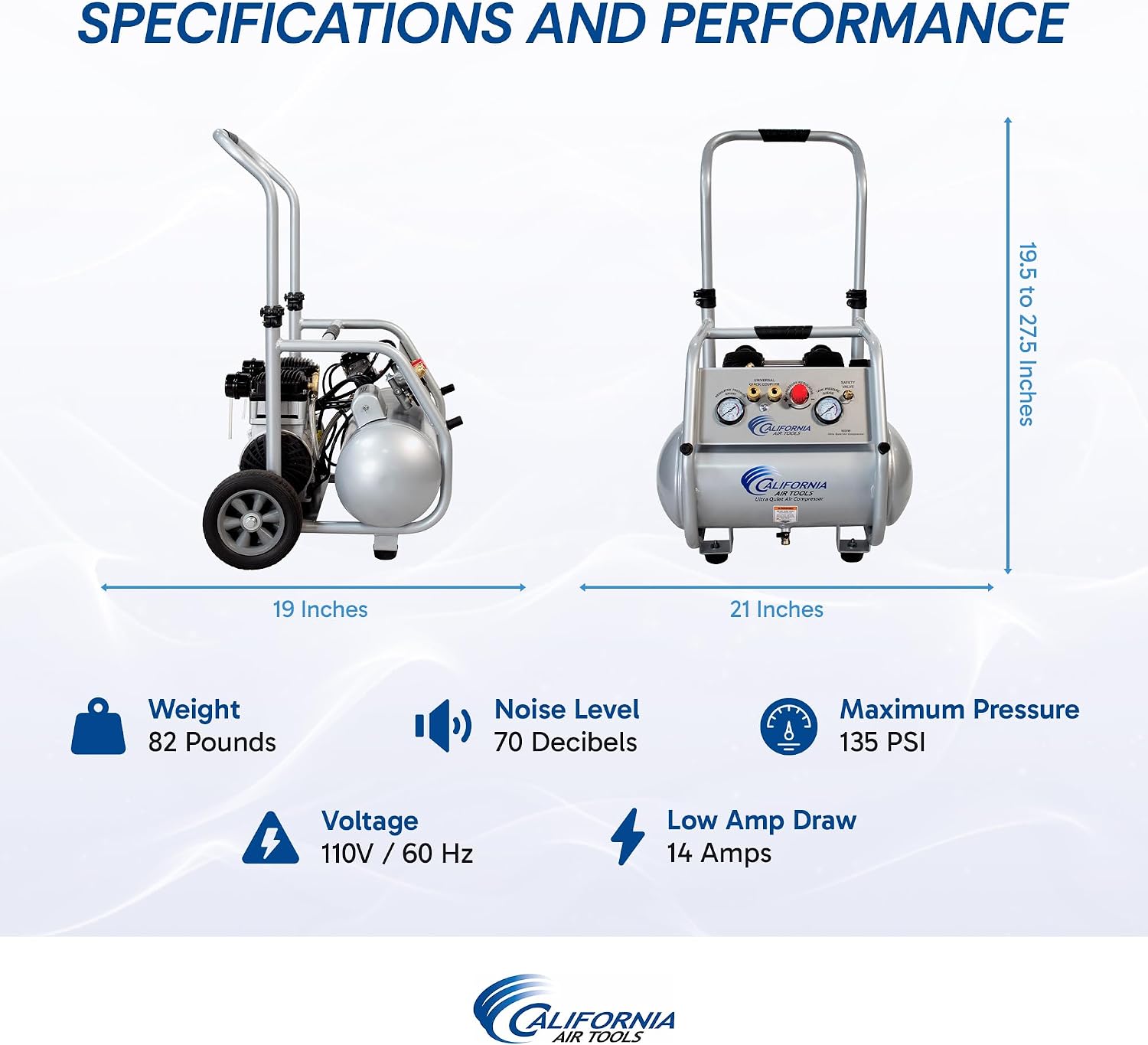 California Air Tools 5020W Powerful 2.0 HP Ultra Quiet and Oil-Free Air Compressor with Wheels and Telescope Handle, 5 Gallon Tank Capacity, 70 dB Noise Level, Electric, Portable