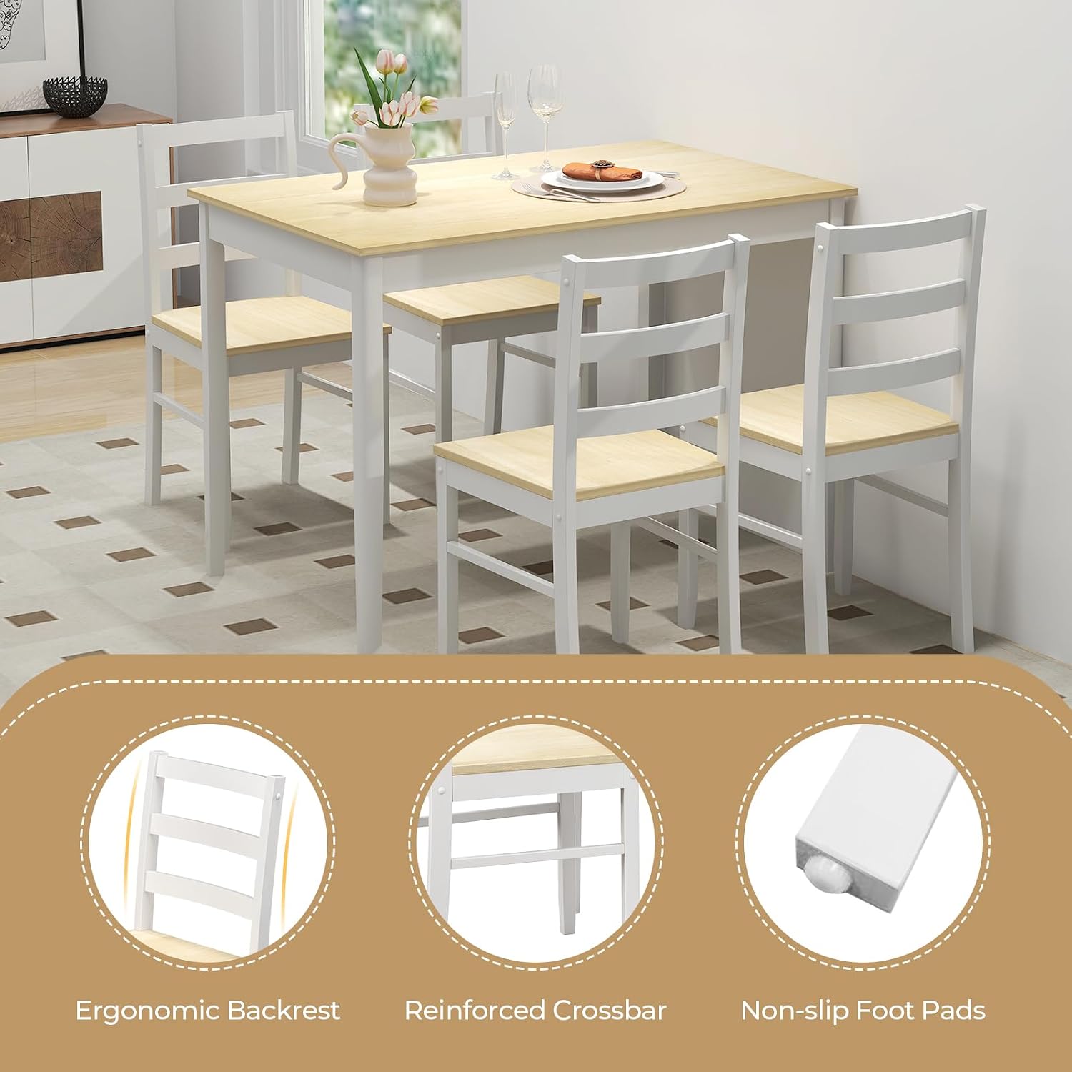 Giantex 5-Piece Dining Table Set for 4, 45' Rectangular Kitchen Table and Chairs Set with Solid Rubber Wood Legs, Space Saving Dinette Set for Small Space, Breakfast Nook, Restaurant (Beige)