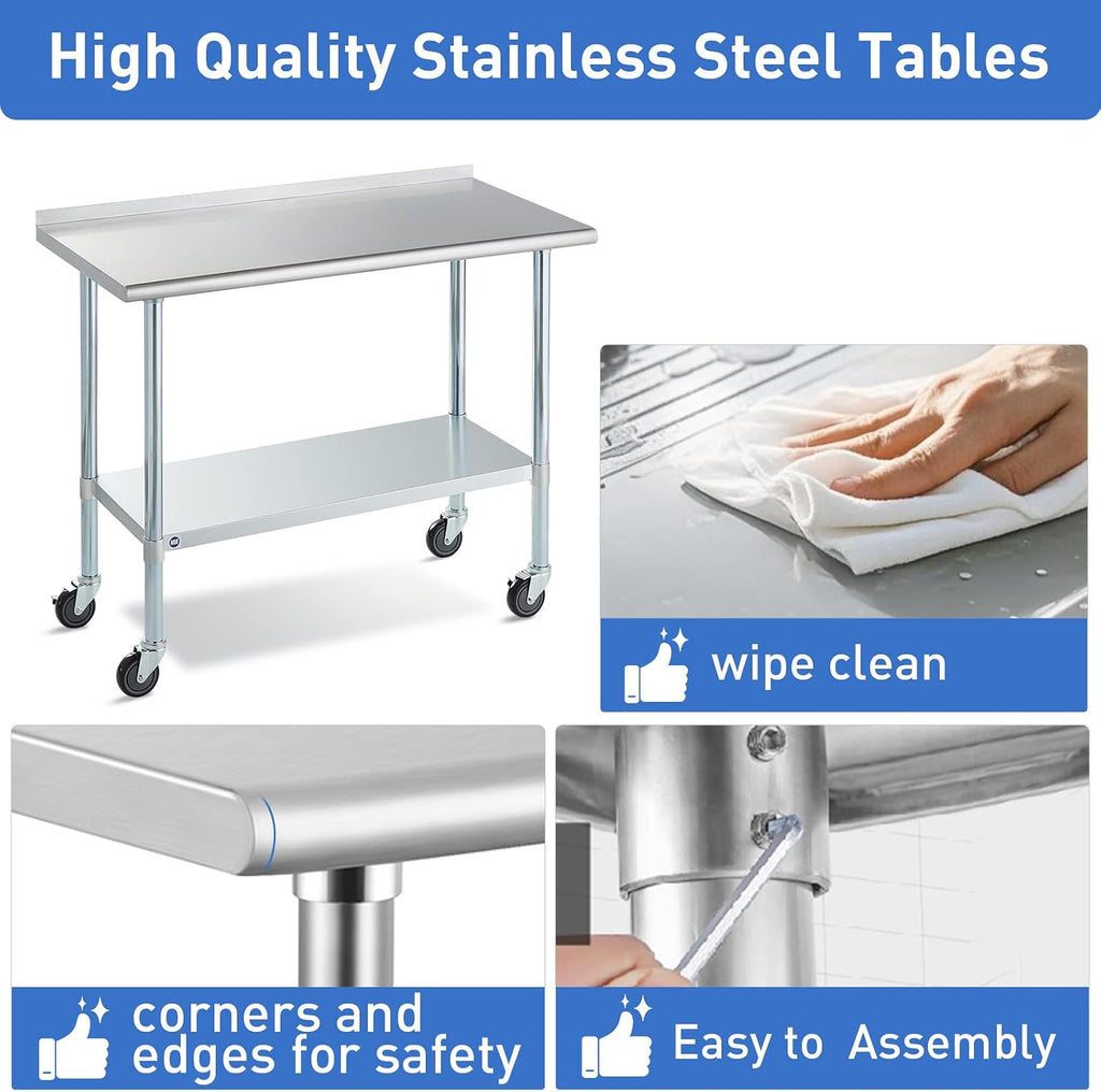 Stainless Steel Table for Prep & Work with Caster & Backsplash 30x60 Inches, NSF Metal Commercial Kitchen Heavy Duty Table with Adjustable Under Shelf and Table Foot for Restaurant, Home and Hotel