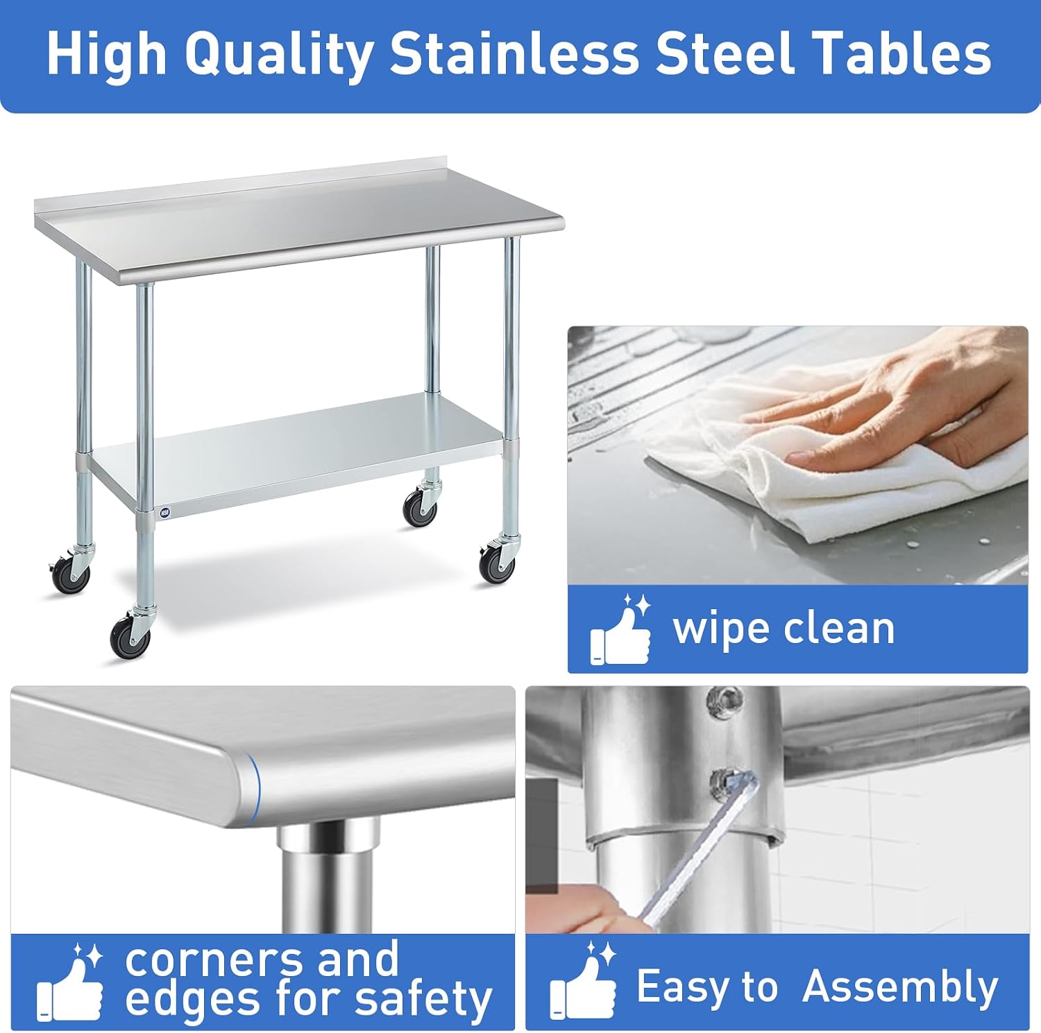 Stainless Steel Table for Prep & Work with Caster & Backsplash 30x60 Inches, NSF Metal Commercial Kitchen Heavy Duty Table with Adjustable Under Shelf and Table Foot for Restaurant, Home and Hotel