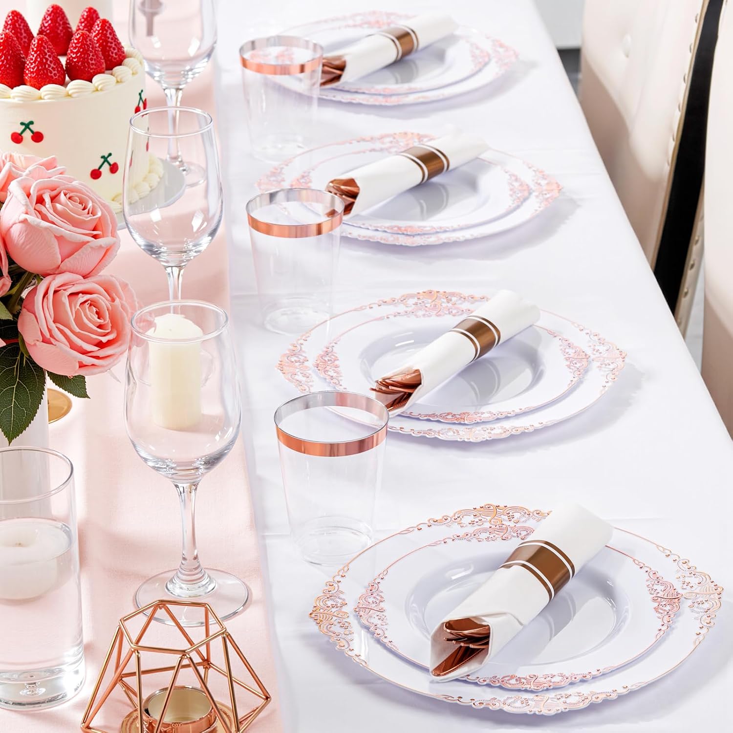 Nervure 700PCS Rose Gold Plastic Plates - Rose Gold Plastic Dinnerware Sets for 100 Guests - 200 White Disposable Plates, 300 Silverware, 100 Cups, 100 Napkins for Wedding & Party
