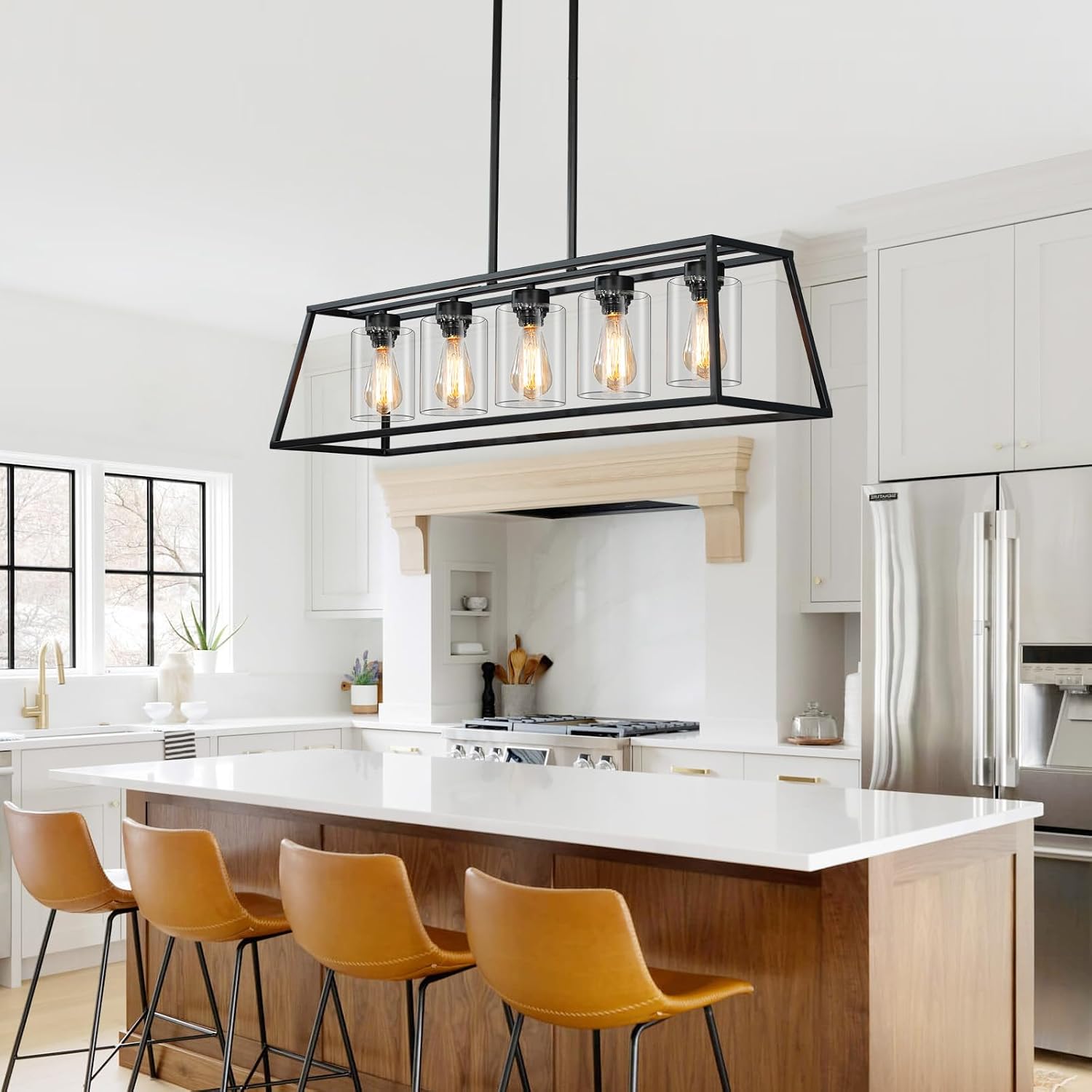 Kitchen Island Lighting,5-Light Black Chandeliers for Dining Room Light Fixtures Over Table, Farmhouse Rectangle Chandelier Island Lights for Kitchen with Cylinder Clear Glass