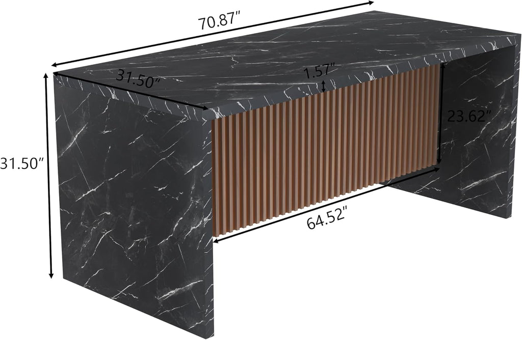 71' Large Imitation Marble Dining Table for 4-6 People, Island Table with LED Lights, Mordern Marble Stripes Kitchen Dining Table with Grille design for Dining Room, Home, Living Room (black)