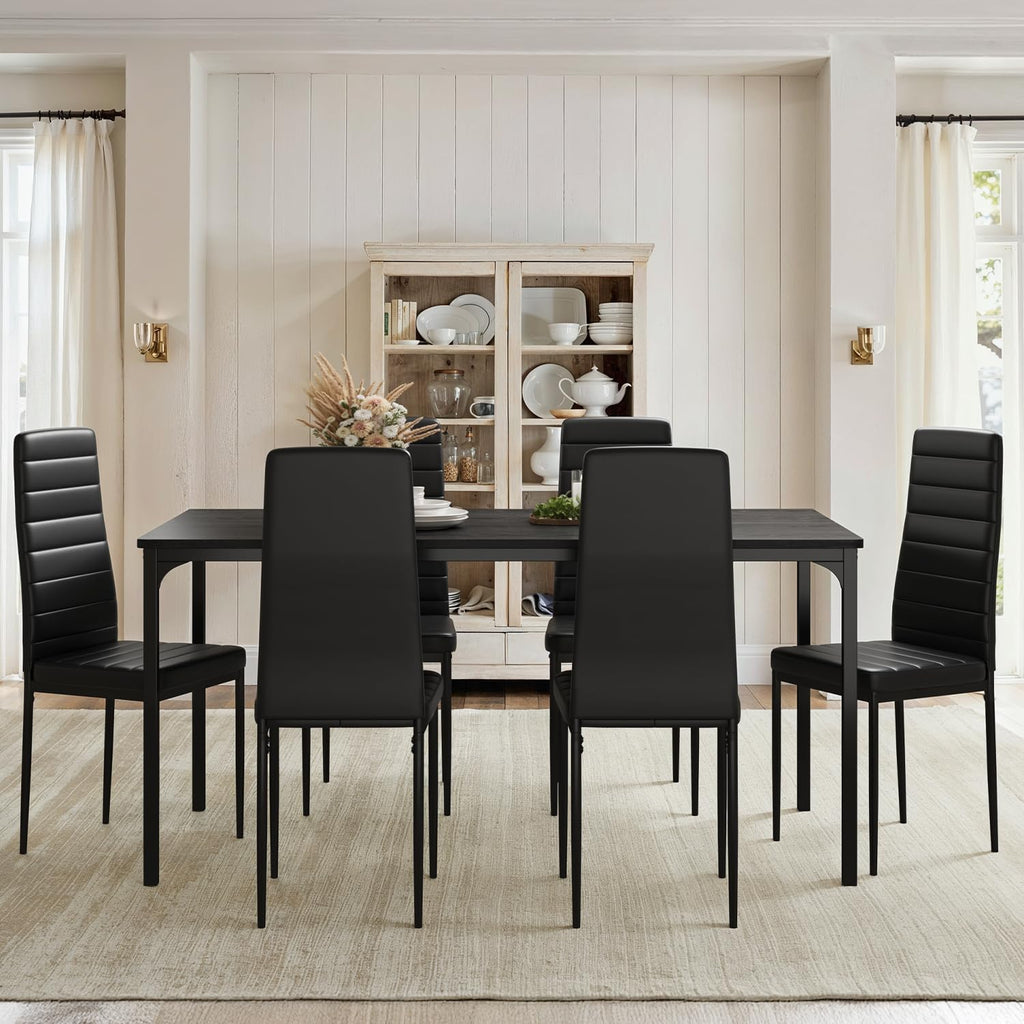 Gizoon Dining Table Set for 6, Kitchen Table Chairs Set of 6, 7 Piece Kitchen Table Set with 6 Upholstered PU Leather Chairs for Dining Room, Living Room, Apartment, Small Space, Black