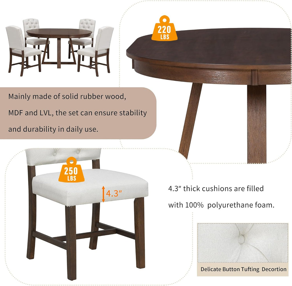 Bellemave 5-Piece Dining Table Set, Extendable Round Dining Table with 16' Removable Leaf, 4 Upholstered Button Tufted Chairs, Acacia Veneer Tabletop (Walnut)