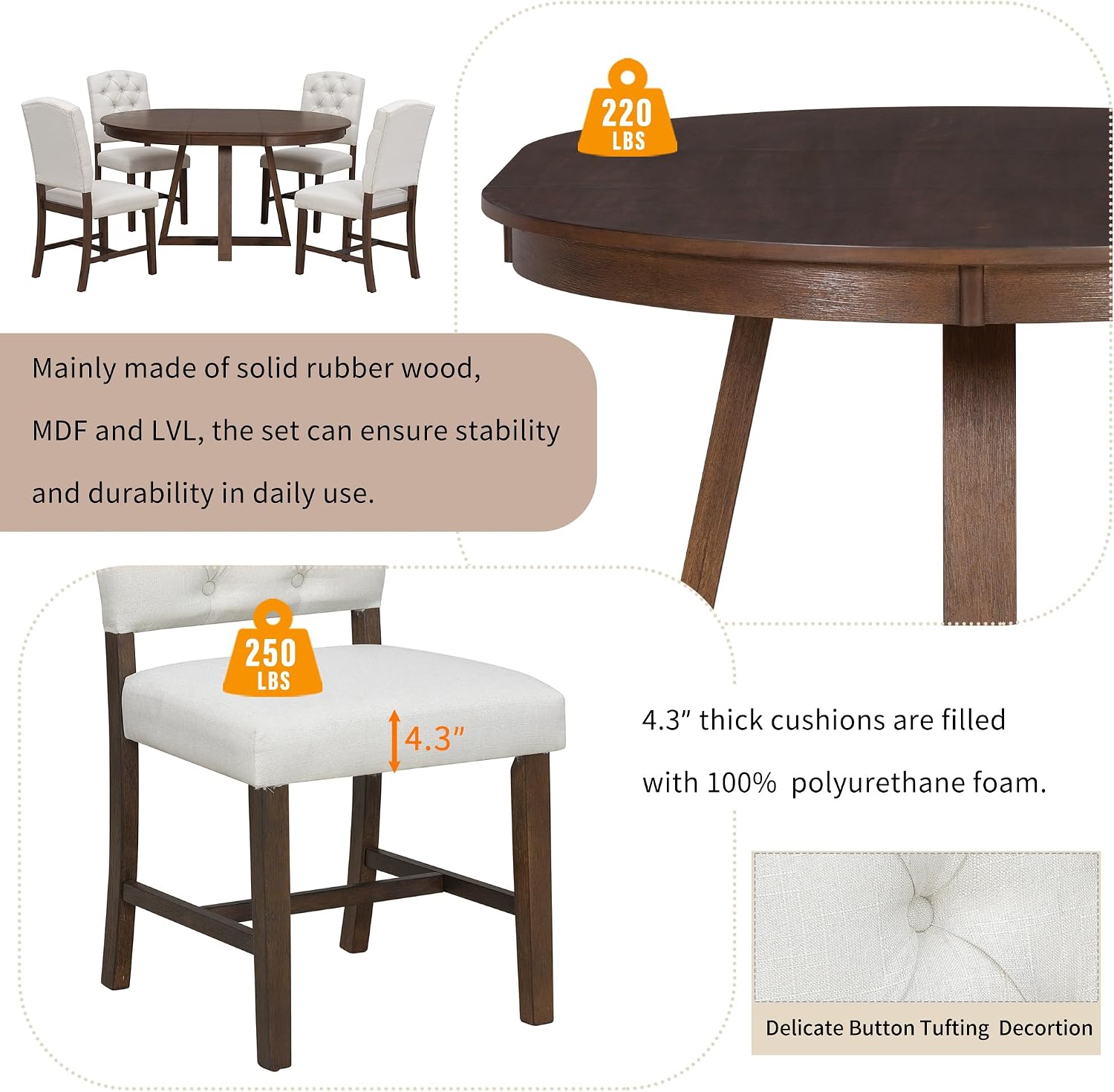Bellemave 5-Piece Dining Table Set, Extendable Round Dining Table with 16' Removable Leaf, 4 Upholstered Button Tufted Chairs, Acacia Veneer Tabletop (Walnut)