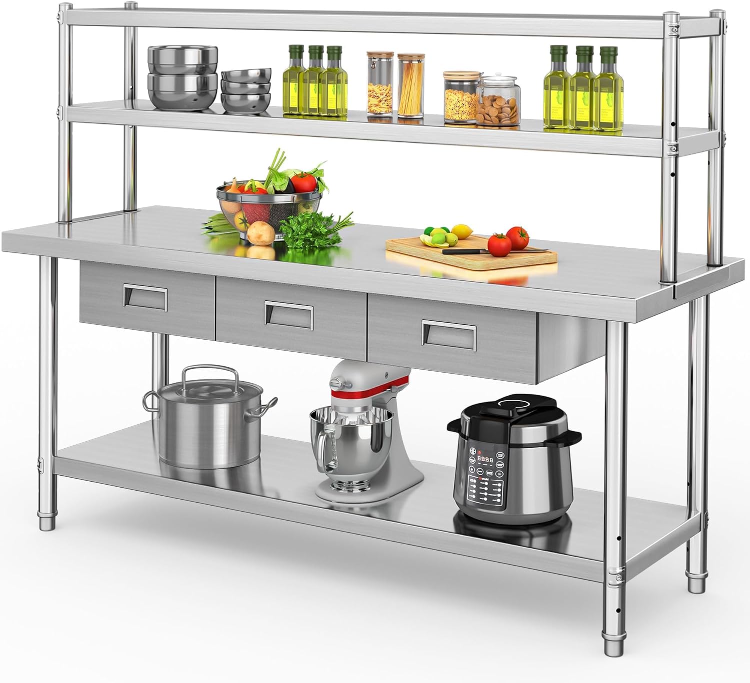 YITAHOME NSF Stainless Steel Table with Overshelves & Drawers, 72' X 24' Worktable with 72' X 12' Shelf & 3 Drawers, Metal Prep Workstation