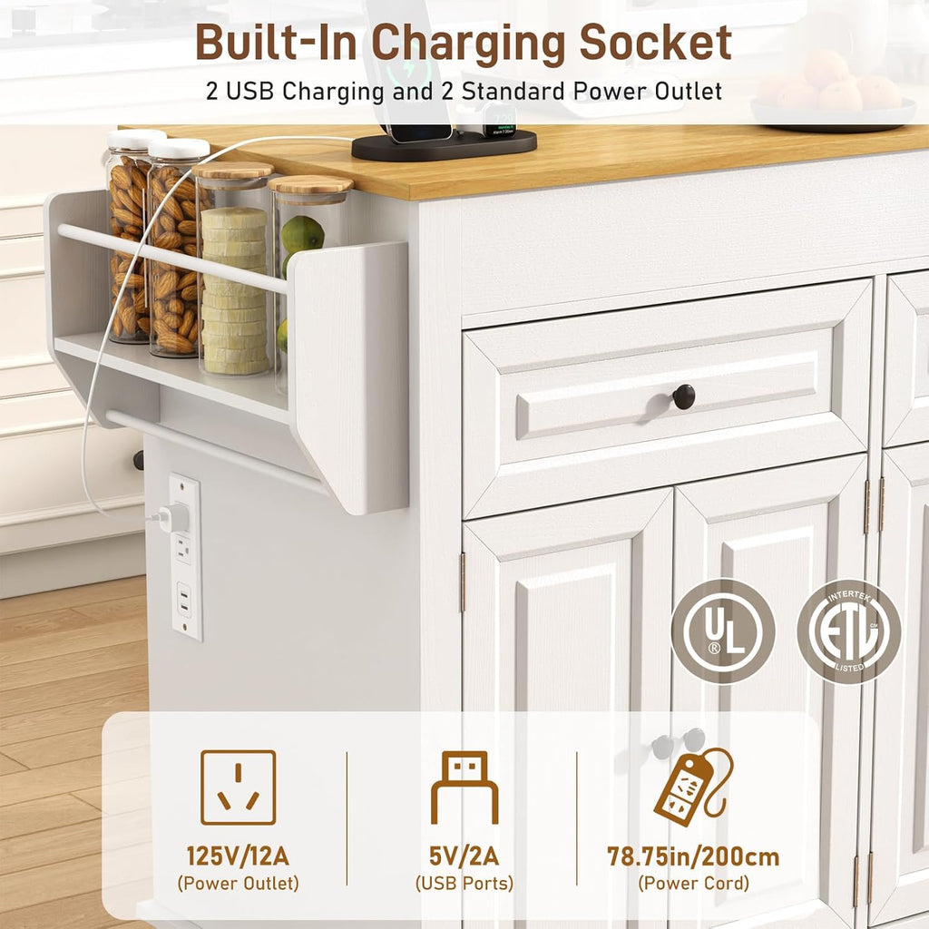 80'-48' Extendable Kitchen Island with Extended Dining Table and Power Outlet,Large Mobile Kitchen Storage Islands with 2 Storage Drawers,Rolling Islands Cart with 3 Extra Rows Open Shelves(White)