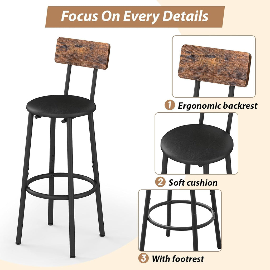 Zevemomo Dining Table Set for 2, 3-Piece Bar Table and Chairs Set, Kitchen Table and Chairs, High Top Table with 2 PU Upholstered Stools, Space-Saving Pub Table Sets for Small Space, Brown