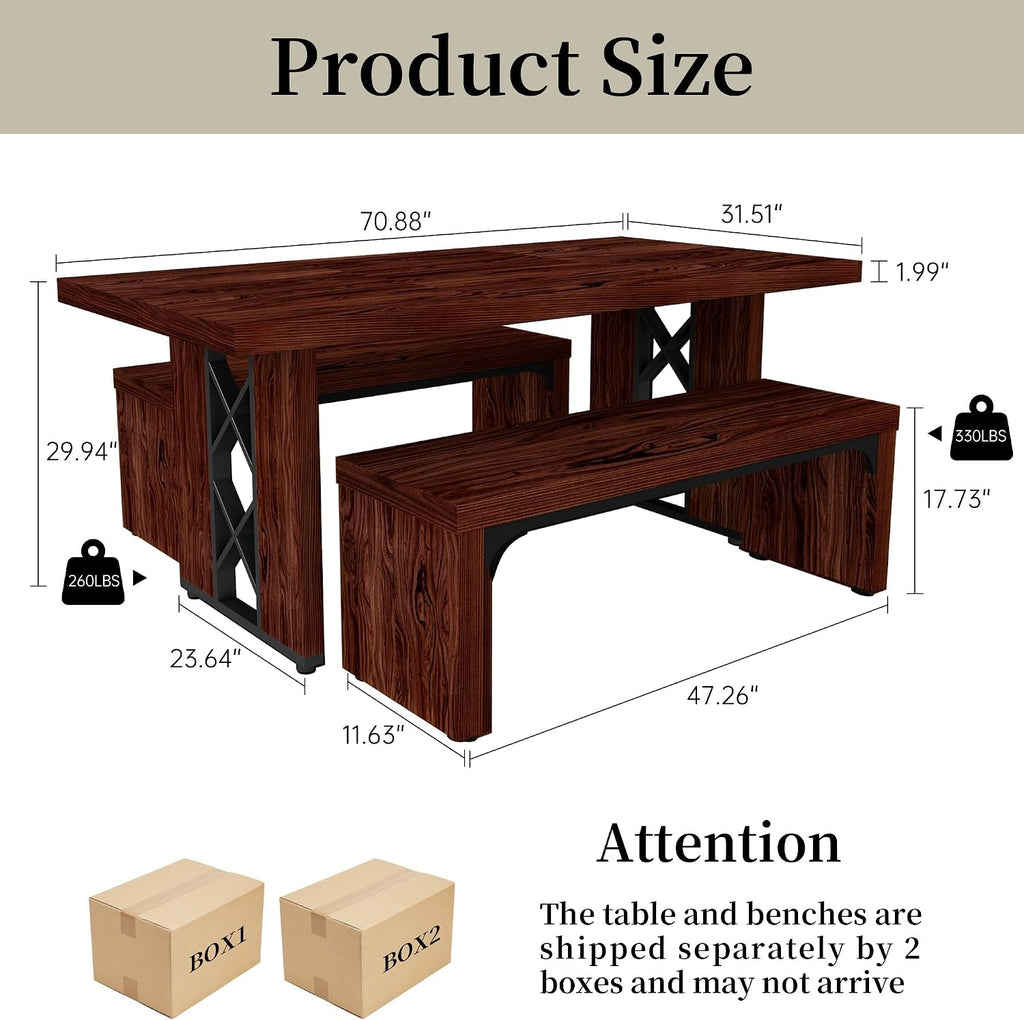 HIPIHOM 3-Piece Dining Table Set for 6 People, 70.8'' Rectangle Kitchen Table with 2 Benches for Breakfast Nook, Dining Room Furniture(Walnut Table+2 Benches)