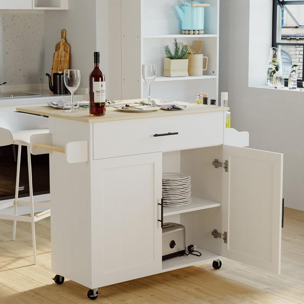 IRONCK Rolling Kitchen Island Table on Wheels with Drop Leaf, Storage Cabinet, Drawer, Spice/Towel Rack, Kitchen Cart, 47.25' Wide White