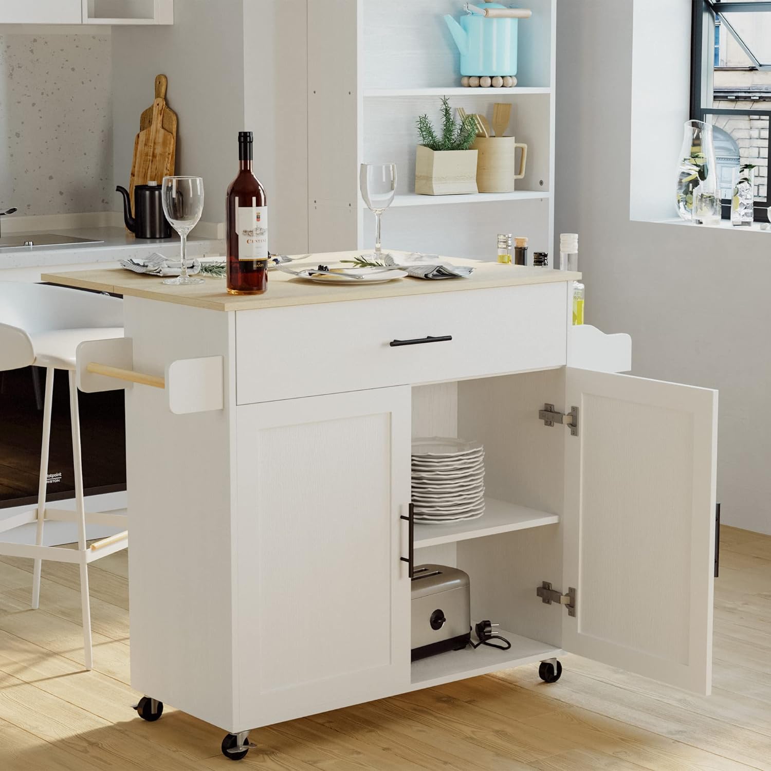 IRONCK Rolling Kitchen Island Table on Wheels with Drop Leaf, Storage Cabinet, Drawer, Spice/Towel Rack, Kitchen Cart, 47.25' Wide White