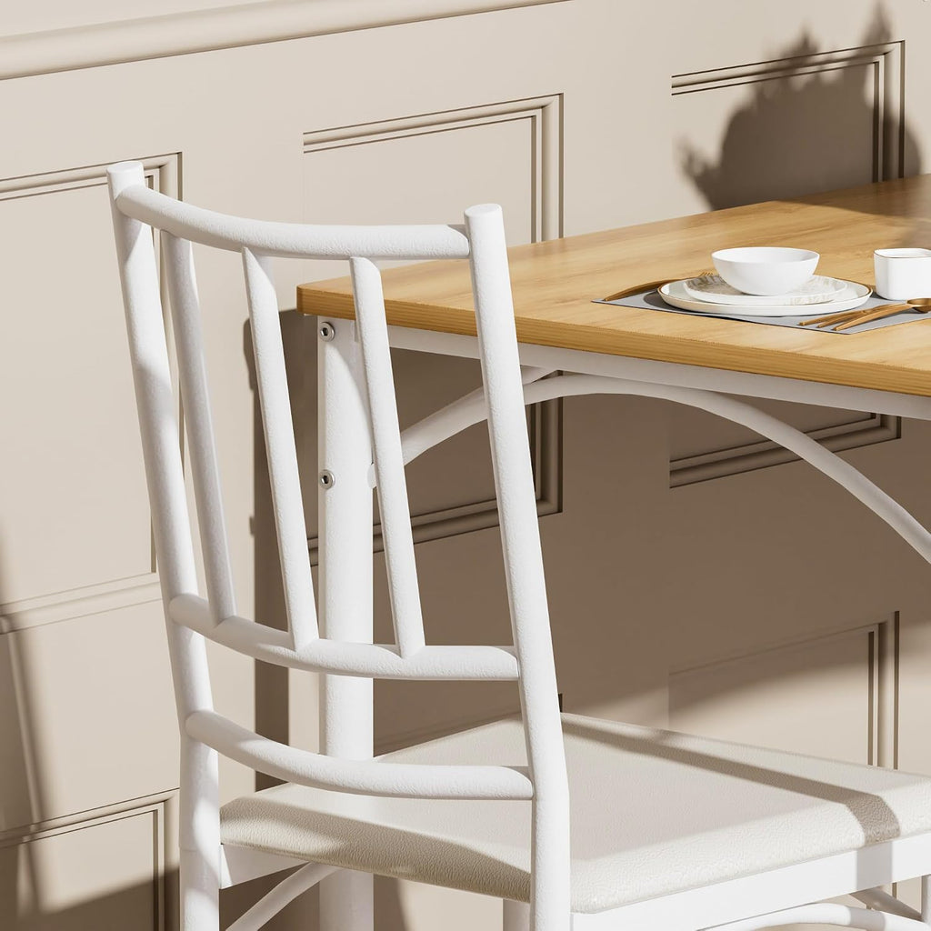 Dining Table Set for 4, Industrial Kitchen Table Set with 4 Upholstered Chairs, Metal Table and Chairs Set for Kitchen, Dining Room, Living Room, Natural+White