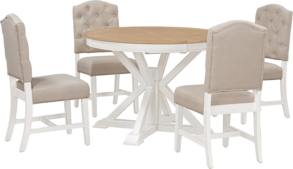 Bellemave Extendable Dining Table Set, 5-Piece Round Table Set with 4 Upholstered Chairs, Oval Kitchen Table Set with Extendable Table (Oak Natural Wood + Off White + Beige Cushions)