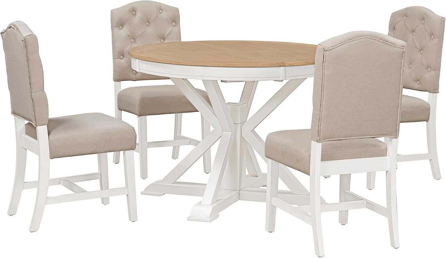 Bellemave Extendable Dining Table Set, 5-Piece Round Table Set with 4 Upholstered Chairs, Oval Kitchen Table Set with Extendable Table (Oak Natural Wood + Off White + Beige Cushions)